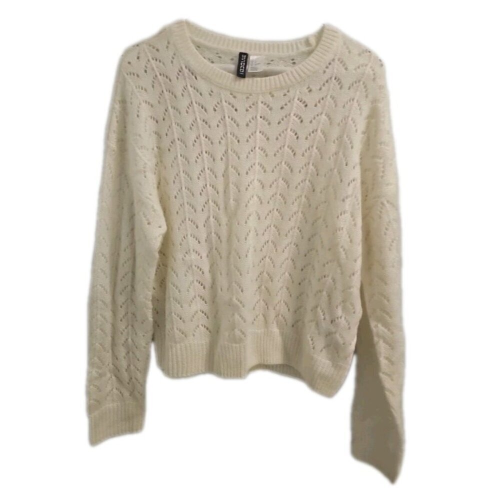 H&M Divided Women Crop Top Off White Lightweight Pullover Crochet Sweater Small